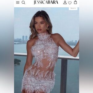 JESSICA BARA CADY RHINESTONE PEARL MESH MINI DRESS White